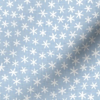 Reach for the Stars- Ditsy Boho Star- Bohemian Stars- Petal Solid Coordinate Sky Blue- White Stars in Pastel Blue Background- Light Baby Blue- Linen Texture- Snowflakes- Small