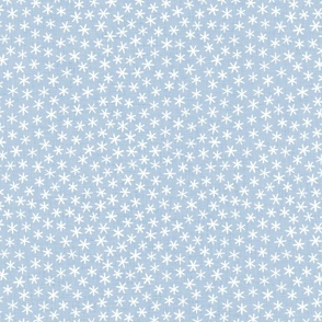 Reach for the Stars- Ditsy Boho Star- Bohemian Stars- Petal Solid Coordinate Sky Blue- White Stars in Pastel Blue Background- Light Baby Blue- Linen Texture- Snowflakes- Small