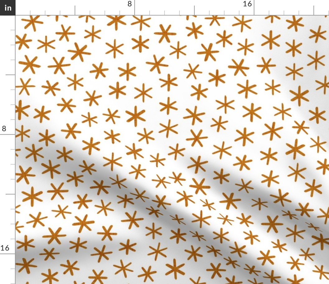 Reach for the Stars- Ditsy Boho Star- Bohemian Stars- Petal Solid Coordinate Desert Sun- Golden Mustard Stars on White Background- Linen Texture- Christmas Stars- Snowflakes- Large