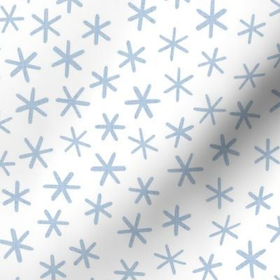 Reach for the Stars- Ditsy Boho Star- Bohemian Stars- Petal Solid Coordinate Sky Blue- Pastel Blue Stars on White Background- Light Baby Blue- Linen Texture- Snowflakes- Medium