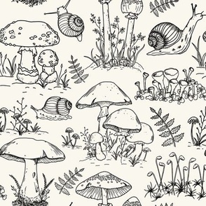 Small Scale - Black Shrooms & Snails Toile