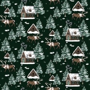 Cozy winter alpine reindeer in a snowy pine forest full of chalets (small 4x4)