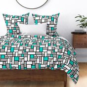 Squares Turquoise Blue Gray White on Black Geometric 21 inches 