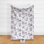 Kitty Cats Bathroom Toile de Jouy-- Dark Purple Toilet Toile de Jouy with Playing Cats -- Purple Cats Bathroom Wallpaper Delight -- cattoile kct003 -- 48.00in x 41.17in repeat -- 150dpi (Full Scale)