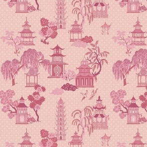 Pink Chinoiserie Pagodas in an Asian Landscape