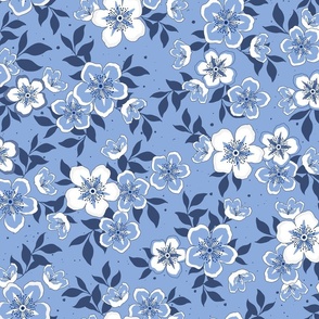 Floral Cherry Blossoms - Cornflower Blue - Large Scale