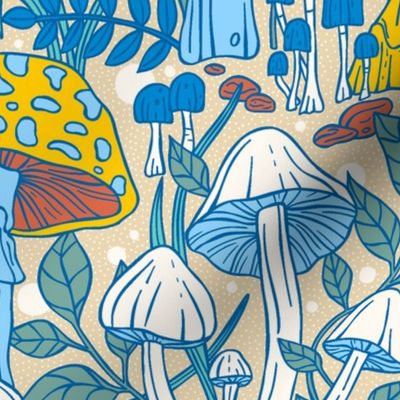 Mushroom Dreamy Enchanted Forest / Blue and Soft Pastel Colors / Large Scale or Wallpaper