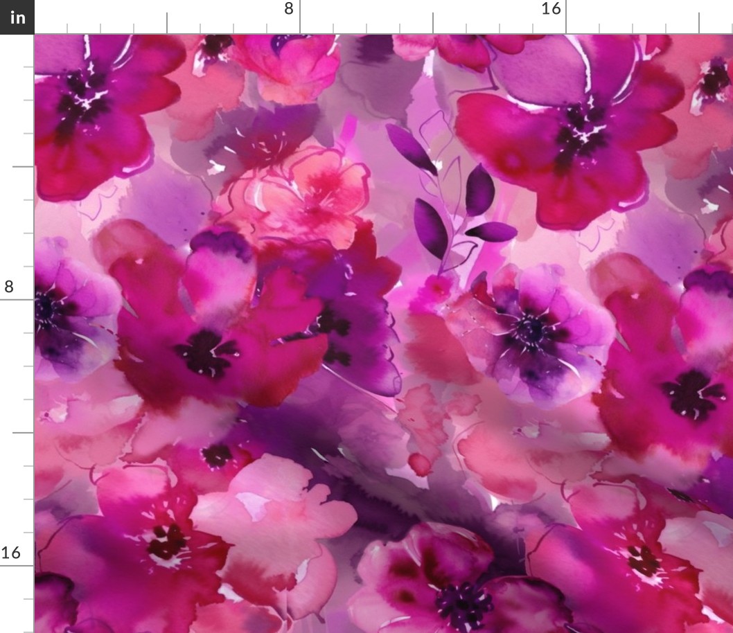 Abstract Watercolor Loose Flower Pattern Fuchsia Pink Smaller Scale