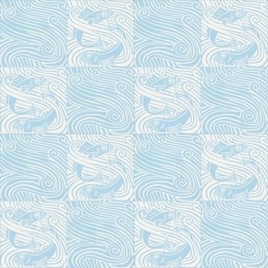 Large Art Nouveau Vintage Fish Tiles In Benjamin Moore Sapphireberry Blue and White Opulence