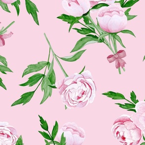 Watercolour flowers, peonies on pink background. Seamless floral pattern-258. 