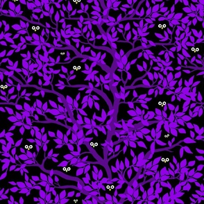 medium-Spooky OWLS IN TREES-purple and black