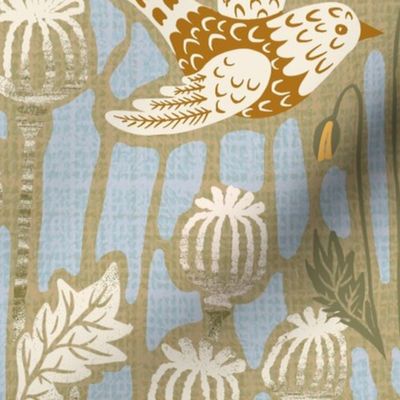 jumbo 40" - poppy field with birds in neutral colors - jumbo scale 40" as fabric / 24" as wallpaper