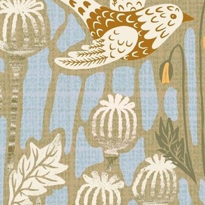 jumbo 40" - poppy field with birds in neutral colors - jumbo scale 40" as fabric / 24" as wallpaper