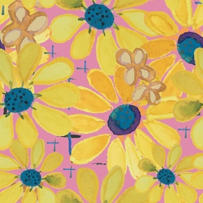 Garden Abundance - Happy May Flowers - Golden Yellow On Pink - Large Scale