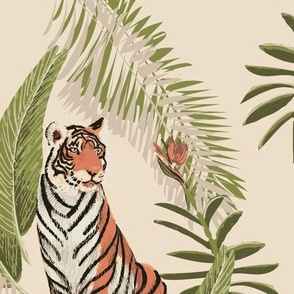 Botanical Tigers Jungle Flora Safari Pattern Wallpaper or Fabric Neutral Colors
