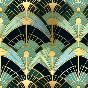 art deco fan in green and gold