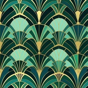 art deco fans in gold and green