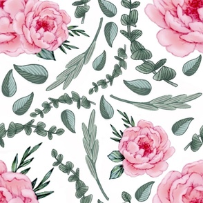 Floral Harmony: Peonies and Eucalyptus in Delicate Bliss