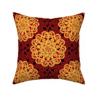 CCFN1 - Glowing Embers Mandala on Hollow Nesting Checks  - Red, Orange, Black - large scale -   -  10.5 inch fabric repeat - 6 inch wallpaper repeat