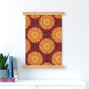 CCFN1 - Glowing Embers Mandala on Hollow Nesting Checks  - Red, Orange, Black - large scale -   -  10.5 inch fabric repeat - 6 inch wallpaper repeat