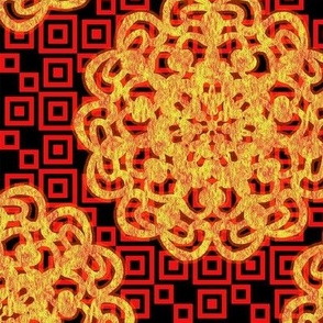 CCFN1 - Glowing Embers Mandala on Hollow Nesting Checks  - Red, Orange, Black - large scale -   -  10.5 inch fabric repeat - 6 inch wallpaper repeat