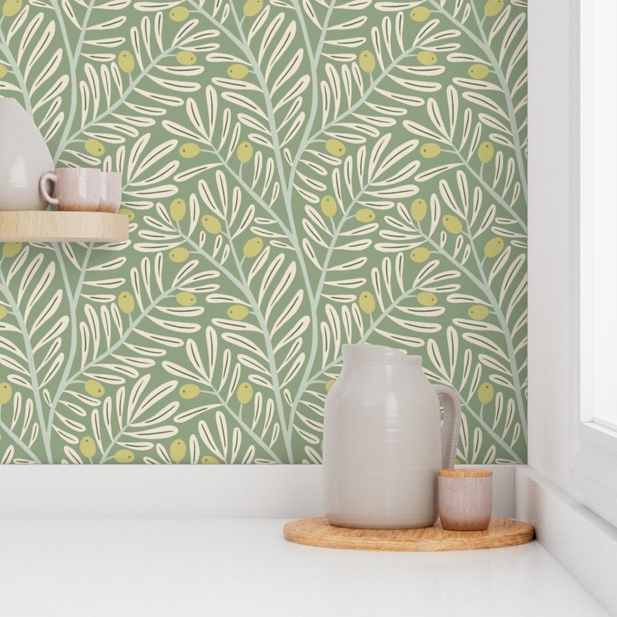 Olly Olive Branch - Green/Cream Wallpaper | Spoonflower