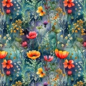 Wildflowers on Blue, Pink  Flowers, Orange Flowers, Meadow