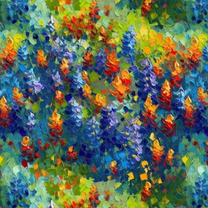 impasto bluebonnets in blue, gold and green