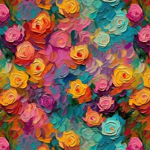 impasto roses in orange and pink and blue
