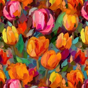impasto tulips in red and orange