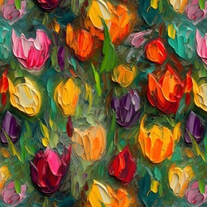 impasto tulips in purple and red and orange