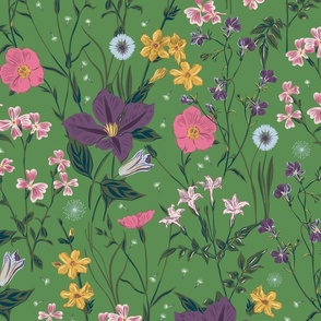 Magical meadow flowers kelly green big scale