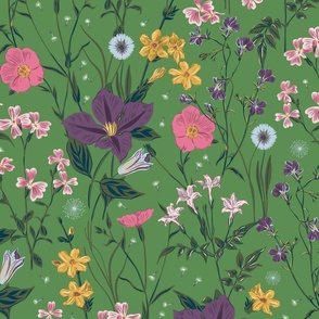 Magical meadow wild flowers kelly green big scale