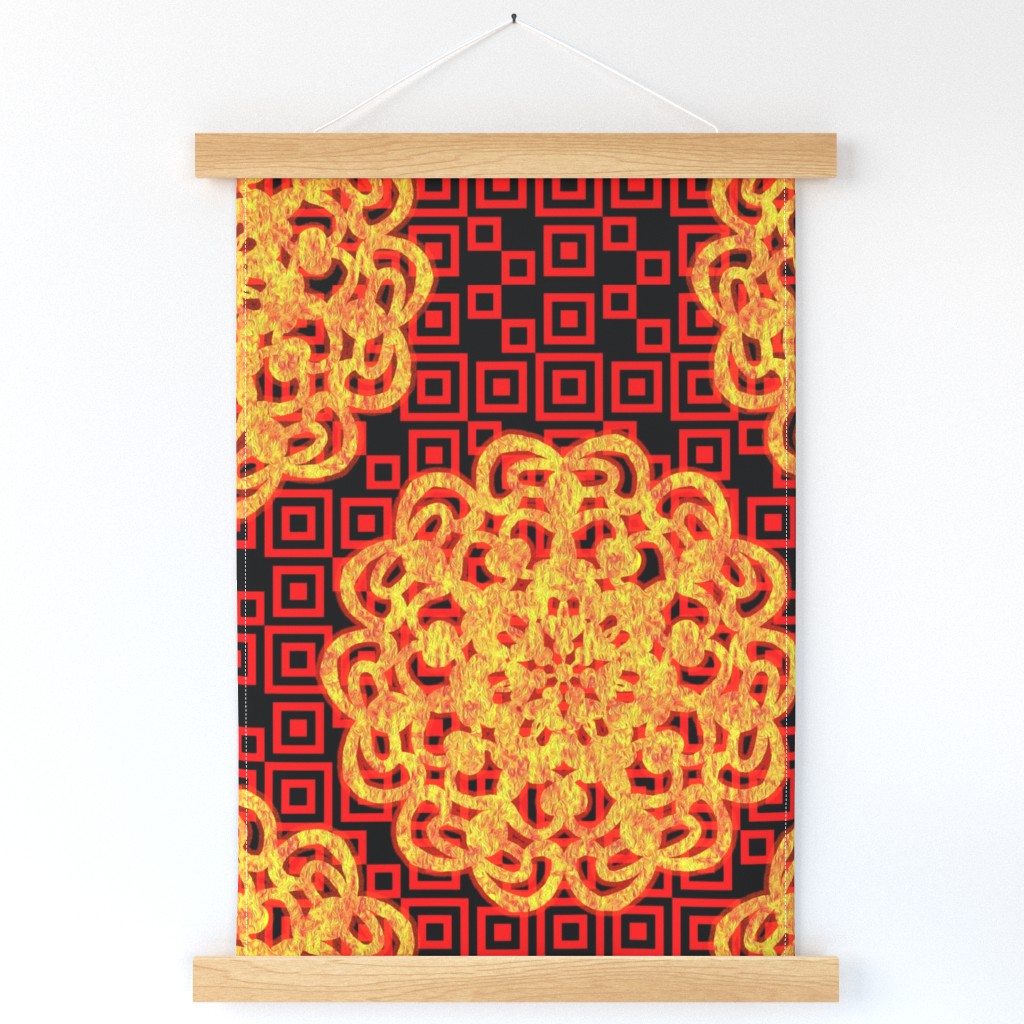 CCFN1 - Glowing Embers Mandala on Hollow Nesting Checks - Orange,  Red and Black  - 21 inch fabric repeat - 12 inch wallpaper repeat