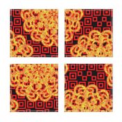 CCFN1 - Glowing Embers Mandala on Hollow Nesting Checks - Orange,  Red and Black  - 21 inch fabric repeat - 12 inch wallpaper repeat