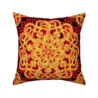CCFN1 - Glowing Embers Mandala on Hollow Nesting Checks - Orange,  Red and Black  - 21 inch fabric repeat - 12 inch wallpaper repeat