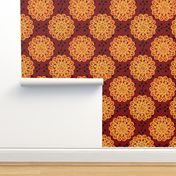 CCFN1 - Glowing Embers Mandala on Hollow Nesting Checks - Orange,  Red and Black  - 21 inch fabric repeat - 12 inch wallpaper repeat