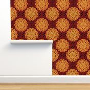 CCFN1 - Glowing Embers Mandala on Hollow Nesting Checks - Orange,  Red and Black  - 21 inch fabric repeat - 12 inch wallpaper repeat