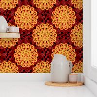 CCFN1 - Glowing Embers Mandala on Hollow Nesting Checks - Orange,  Red and Black  - 21 inch fabric repeat - 12 inch wallpaper repeat