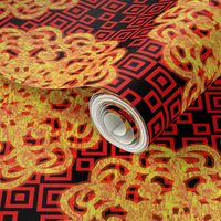 CCFN1 - Glowing Embers Mandala on Hollow Nesting Checks - Orange,  Red and Black  - 21 inch fabric repeat - 12 inch wallpaper repeat