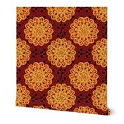 CCFN1 - Glowing Embers Mandala on Hollow Nesting Checks - Orange,  Red and Black  - 21 inch fabric repeat - 12 inch wallpaper repeat