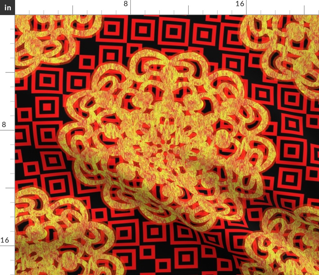 CCFN1 - Glowing Embers Mandala on Hollow Nesting Checks - Orange,  Red and Black  - 21 inch fabric repeat - 12 inch wallpaper repeat