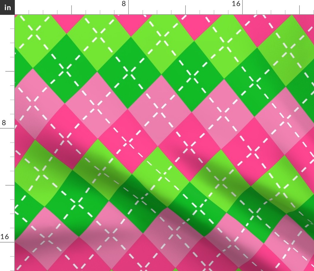 Pink and Green Argyle with White Stitching