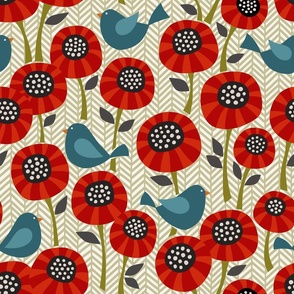 striped poppies on chevron (large scale)
