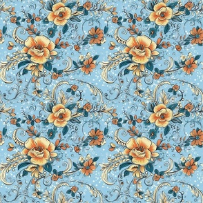 Gardenias - Coral on Blue - Cottagecore Floral -New for 2023