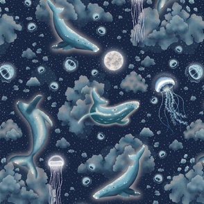 Night Sky Whales and Jelly Fish - Medium