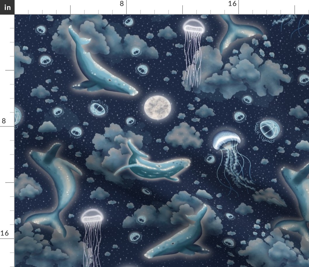 Night Sky Whales and Jelly Fish - Medium