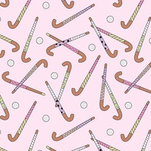Field Hockey - Hockey sticks and balls tossed freehand boho style sports design pink lime beige on pink girls palette