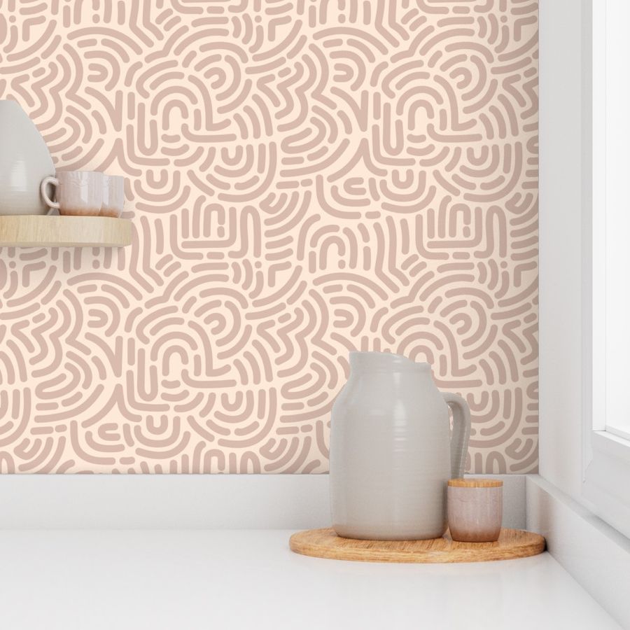 Funky African Maze - retro groovy swirls and circles caramel beige on blush