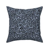 Funky African Maze - retro groovy swirls and circles black on sky blue